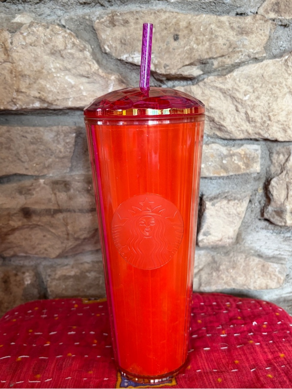 NWT STARBUCKS KITCHEN Orange & Pink Tumbler - Faceted Lid & Straw Starbucks Cups
